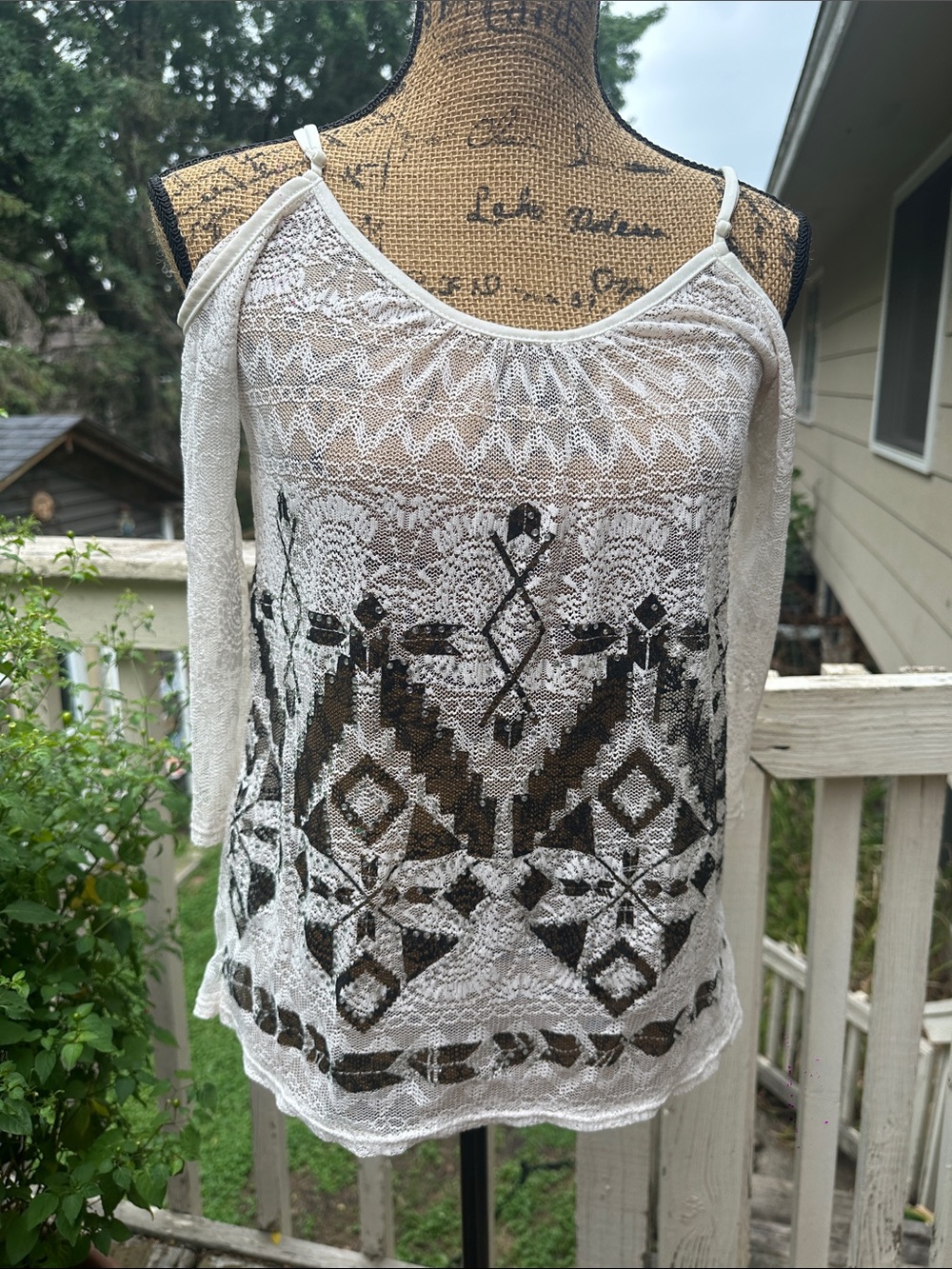 Vanity White Lace Cold-Shoulder Top with Black Geometric Print